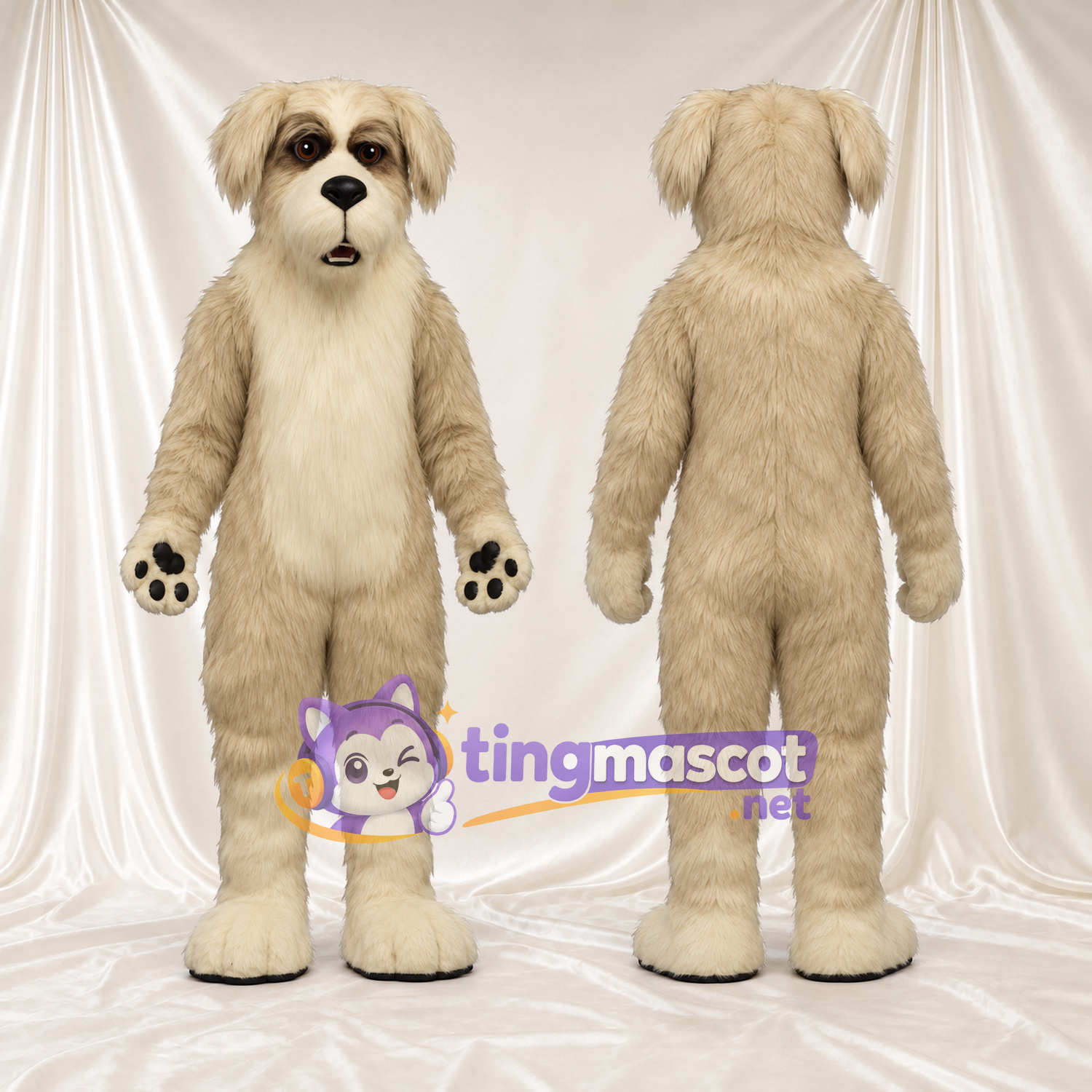 Beige Dog Mascot Costume - Shaggy Cream Belly and Paw Pads Beige Dog Mascot Costume - Shaggy Cream Belly and Paw Pads