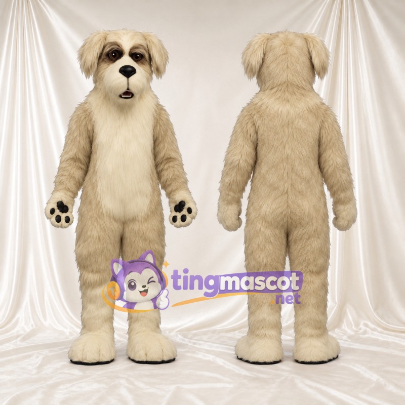 Beige Dog Mascot Costume - Shaggy Cream Belly and Paw Pads