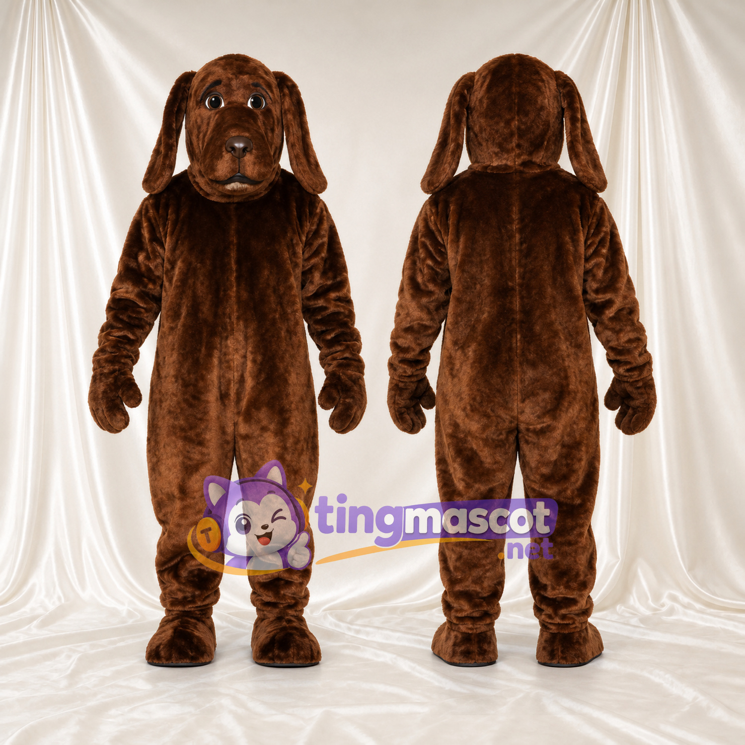 Costume de mascotte Chien – marron foncé – Oreilles tombantes (long); Corps (uni, marron)