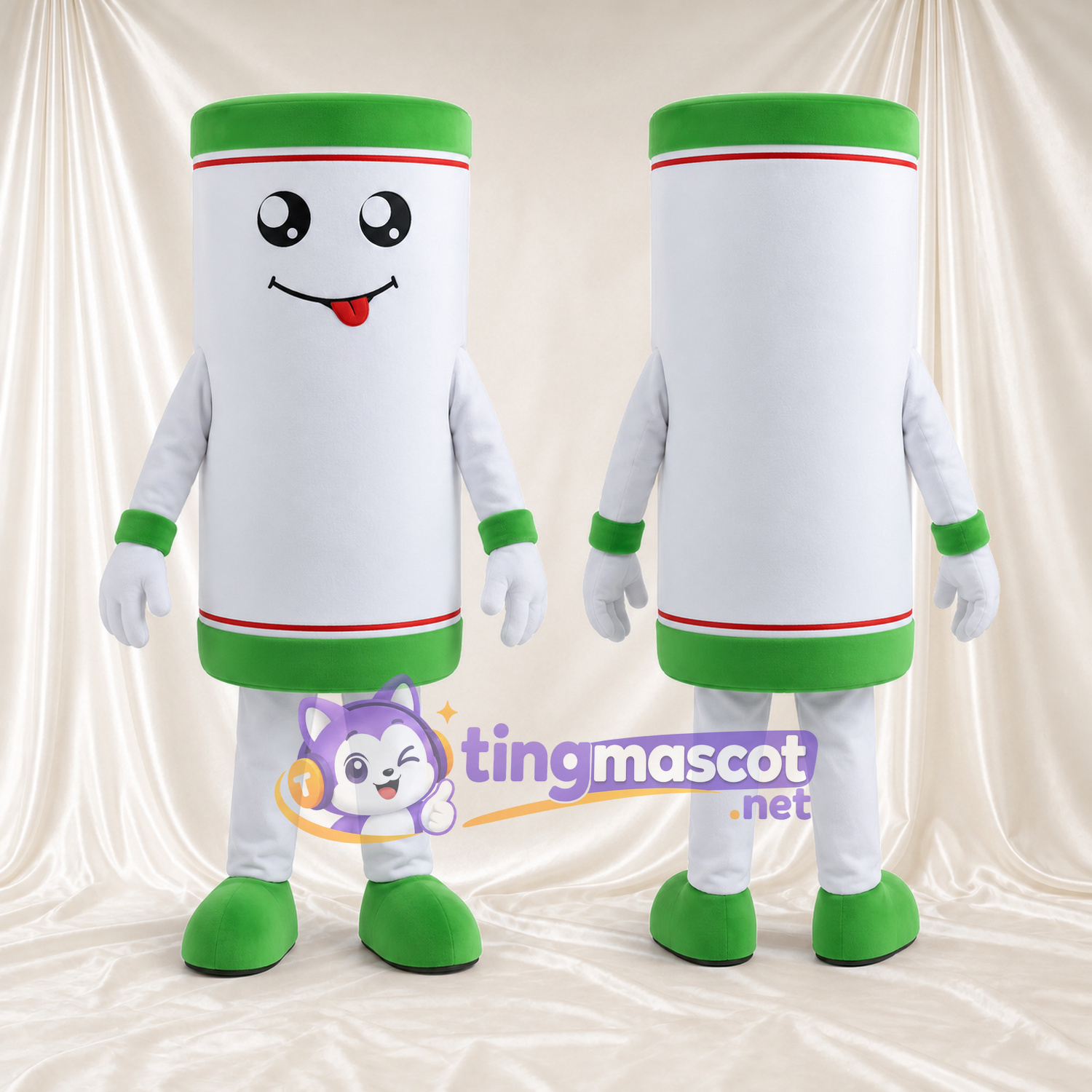 White Tube Character Mascot Costume - Green Ends and Smiling Face White Tube Character Mascot Costume - Green Ends and Smiling Face