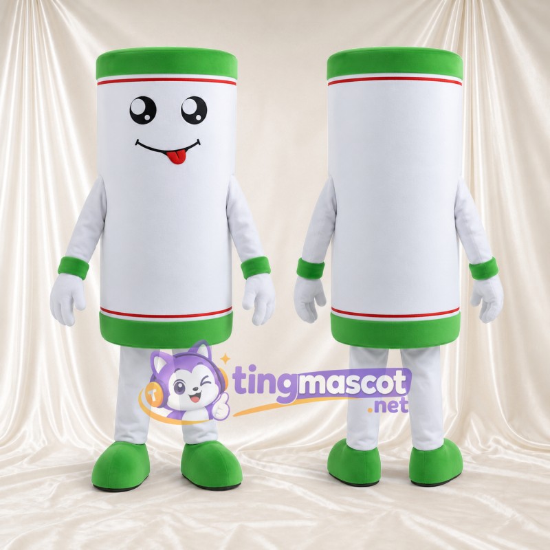 White Tube Character Mascot Costume - Green Ends and Smiling Face