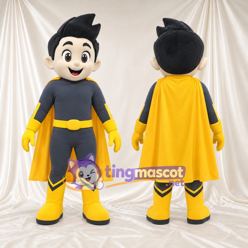 Boy Superhero Mascot Costume - Gray Suit and Yellow Cape