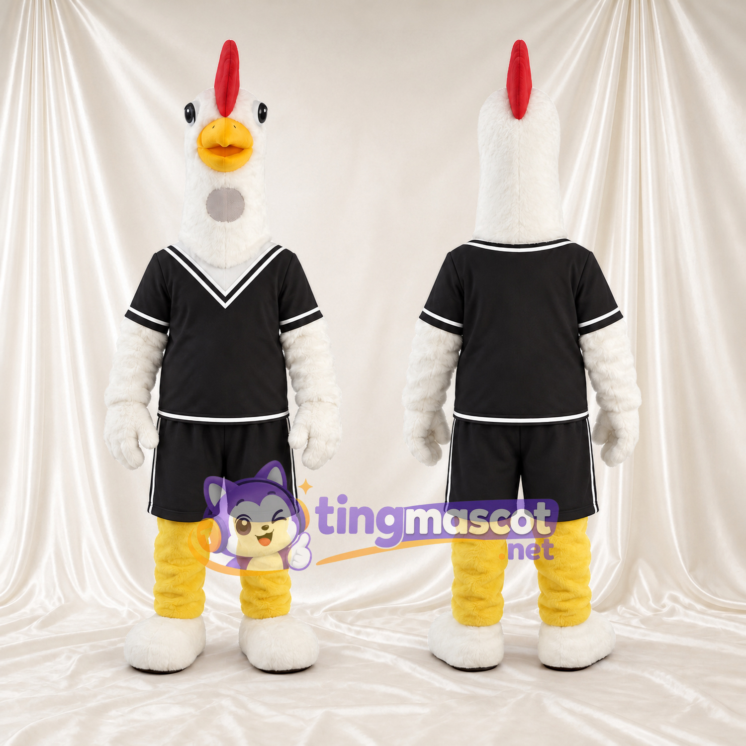 Costume de mascotte Coq – blanc – Tenue de sport (noir); Chaussures (blanc) Costume de mascotte Coq – blanc – Tenue de sport (noir); Chaussures (blanc)