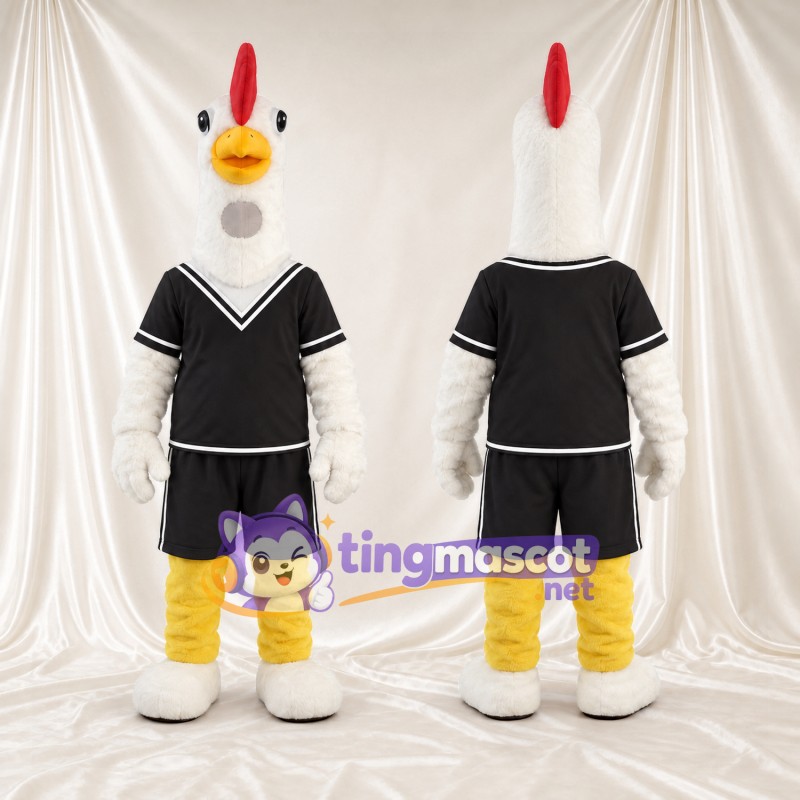 Costume de mascotte Coq – blanc – Tenue de sport (noir); Chaussures (blanc)