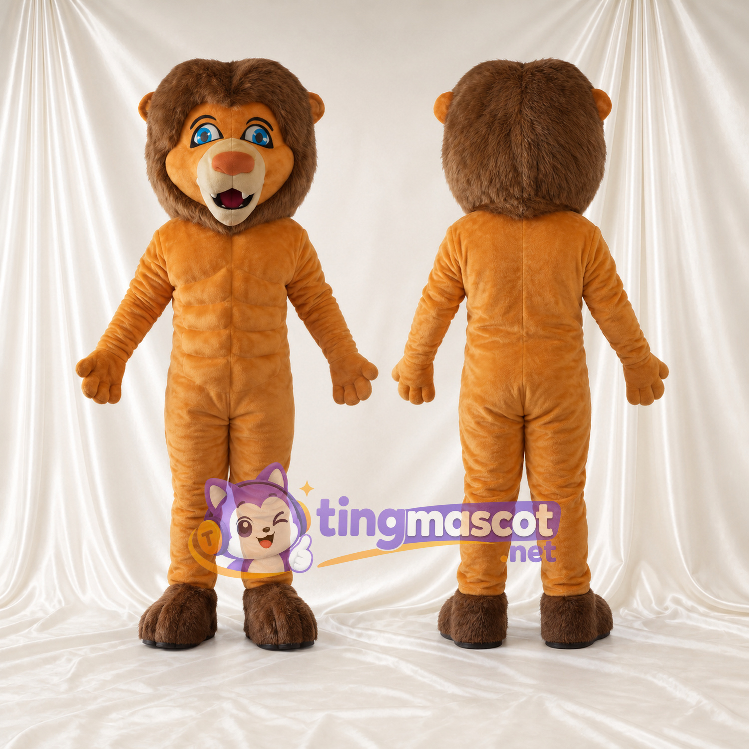 Costume de mascotte Lion – brun clair – Corps musclé; Pieds (marron) Costume de mascotte Lion – brun clair – Corps musclé; Pieds (marron)