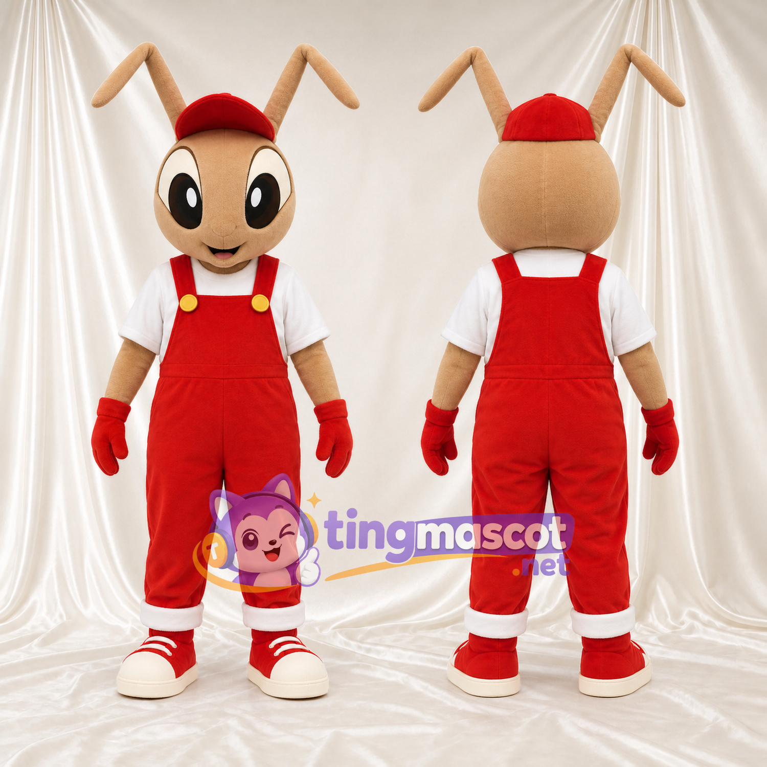 Ant Character Mascot Costume - Red Cap and Red Overalls Ant Character Mascot Costume - Red Cap and Red Overalls