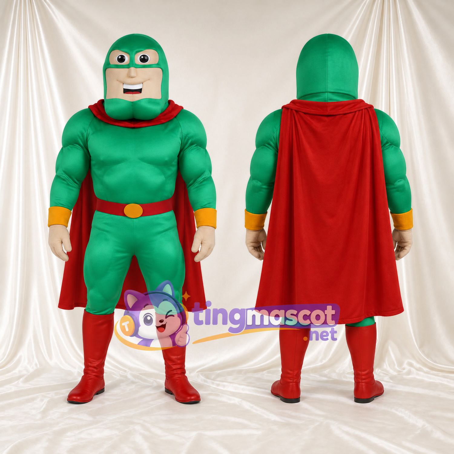 Superhero Man Mascot Costume - Green Muscular Suit and Red Cape Superhero Man Mascot Costume - Green Muscular Suit and Red Cape