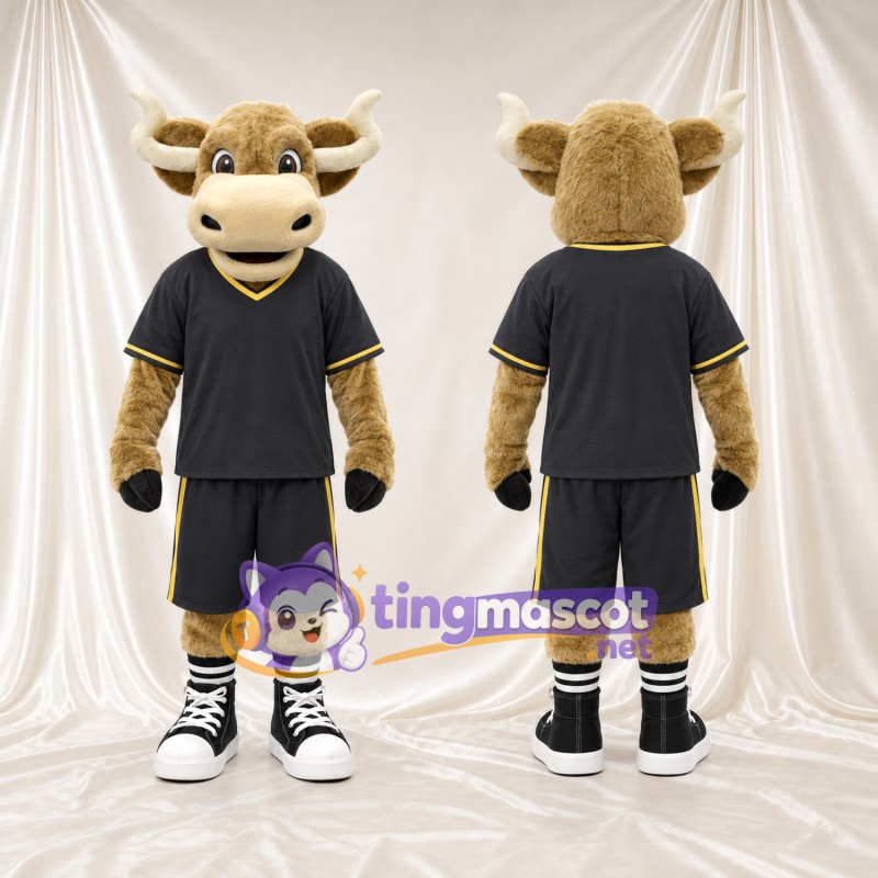 Costume de mascotte Taureau – brun clair – Tenue de sport (noir); Chaussettes (rayé)