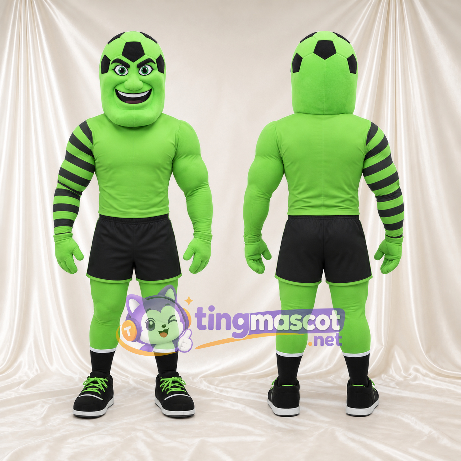 Costume de mascotte Ballon de football – vert – Corps musclé; Short (noir) Costume de mascotte Ballon de football – vert – Corps musclé; Short (noir)