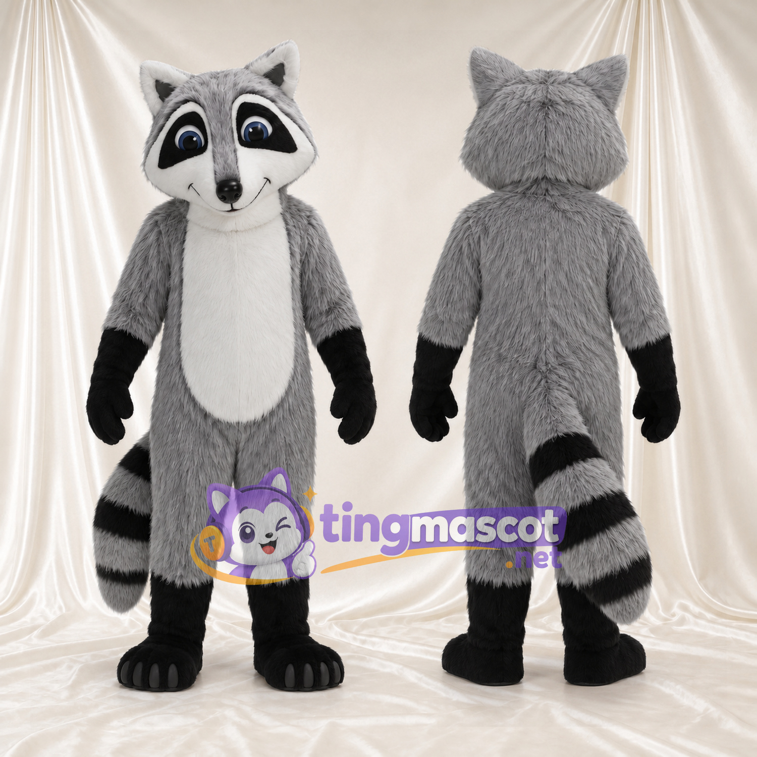 Costume de mascotte Raton laveur – gris – Mains (noir); Queue Costume de mascotte Raton laveur – gris – Mains (noir); Queue