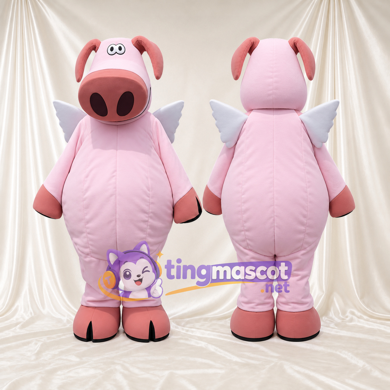 Costume de mascotte Cochon – rose – Ailes (blanc); Museau (surdimensionné) Costume de mascotte Cochon – rose – Ailes (blanc); Museau (surdimensionné)