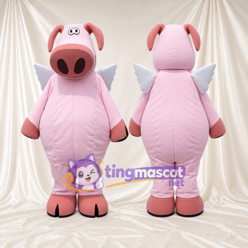 Costume de mascotte Cochon – rose – Ailes (blanc); Museau (surdimensionné)