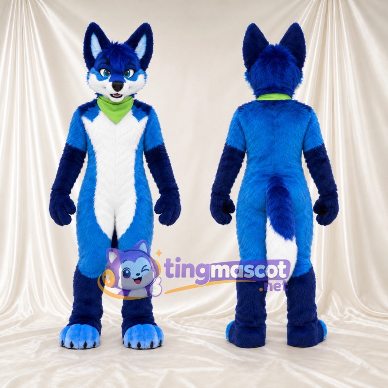 Costume de mascotte Renard – bleu – Bandana (vert citron); Ventre (blanc)