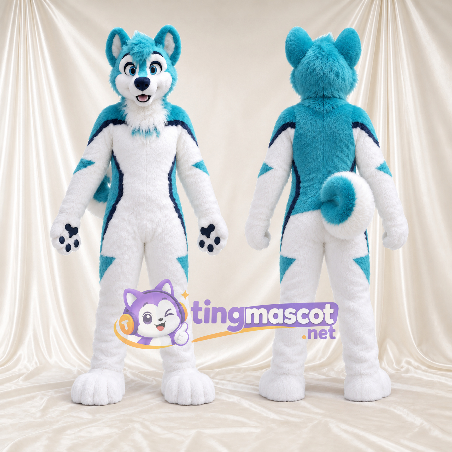 Costume de mascotte Loup – blanc – Coussinets (turquoise) Costume de mascotte Loup – blanc – Coussinets (turquoise)