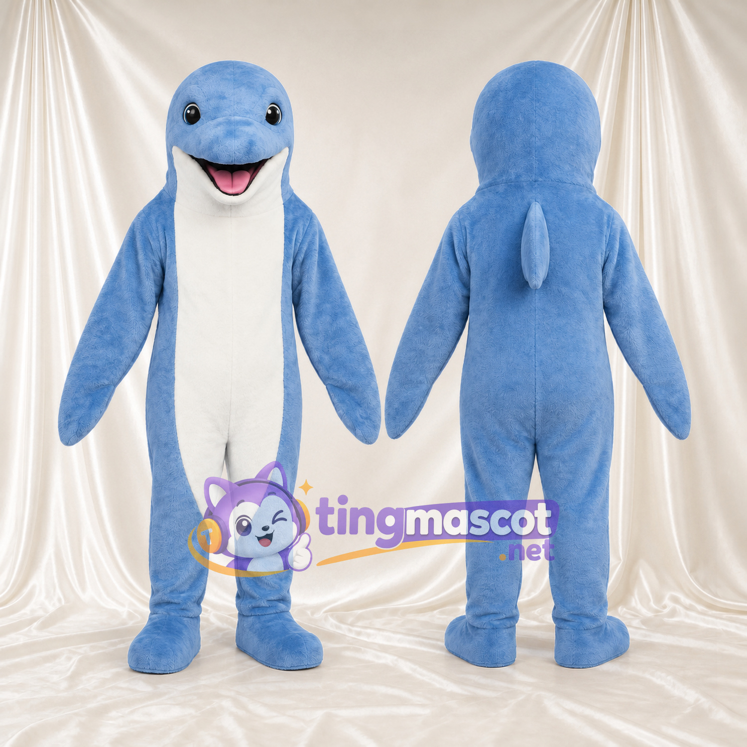 Maskottchenkostüm Delfin – hellblau – Bauch (weiß); Lächeln (rosa) Maskottchenkostüm Delfin – hellblau – Bauch (weiß); Lächeln (rosa)