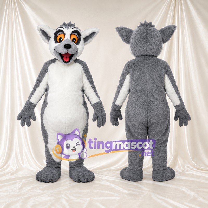Costume de mascotte Lémurien – gris – Cercles autour des yeux (orange); Ventre (blanc)