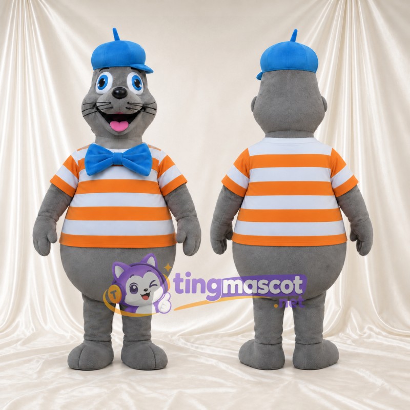 Costume de mascotte Phoque – gris – Casquette (bleu); Nœud papillon (bleu); Chemise (rayé)