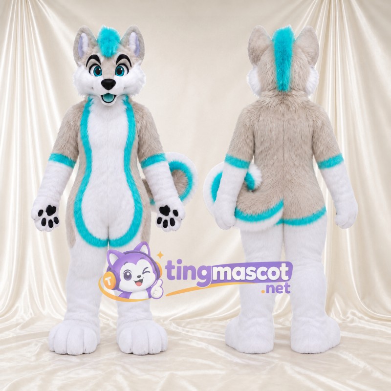 Costume de mascotte Loup – blanc / gris – Mèche sur le front (turquoise); Contour du corps