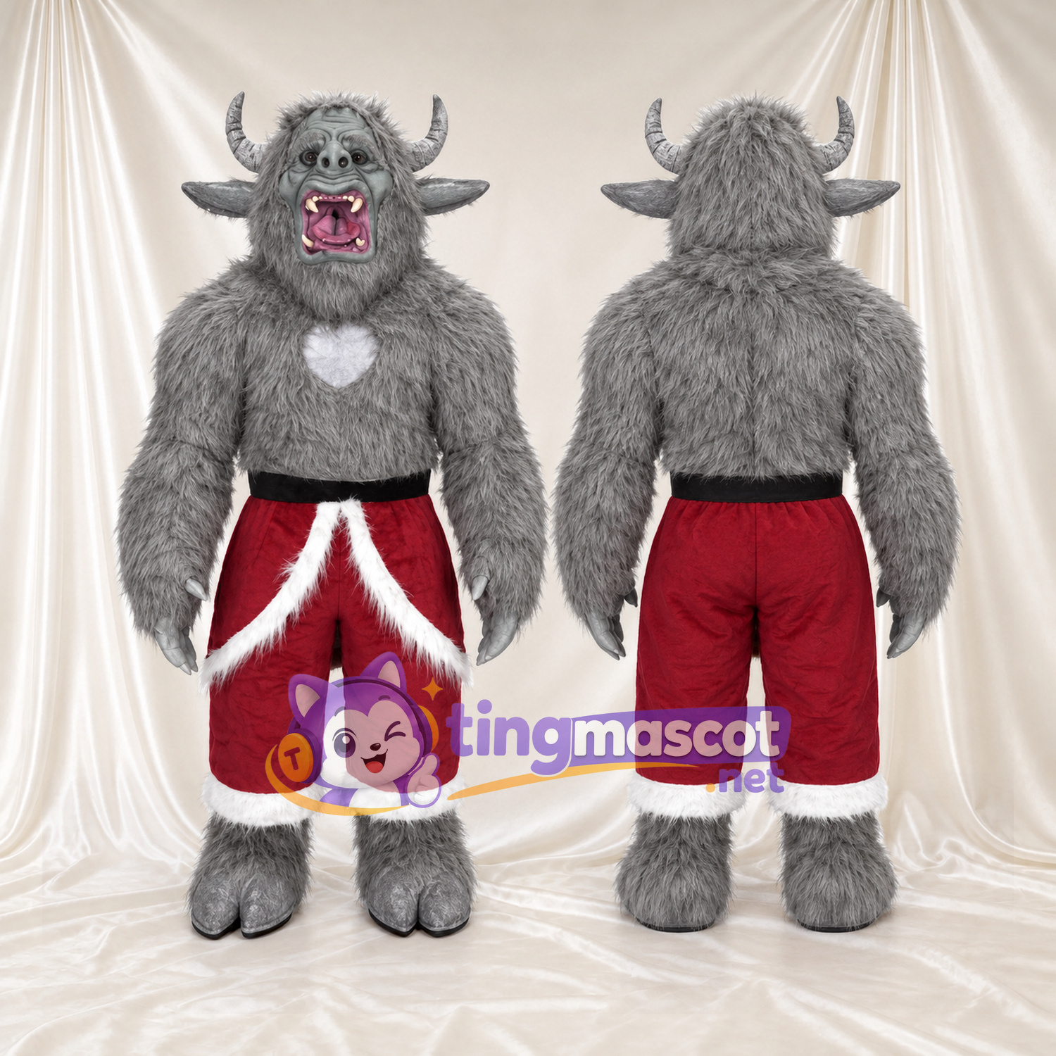 Maskottchenkostüm Monster mit Hörnern – grau – Shorts (rot); Brust (weiß) Maskottchenkostüm Monster mit Hörnern – grau – Shorts (rot); Brust (weiß)