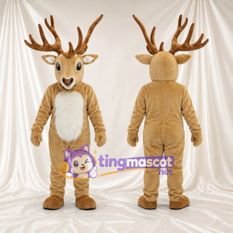 Costume de mascotte Cerf – brun clair – Bois ramifiés (grand); Torse (blanc)