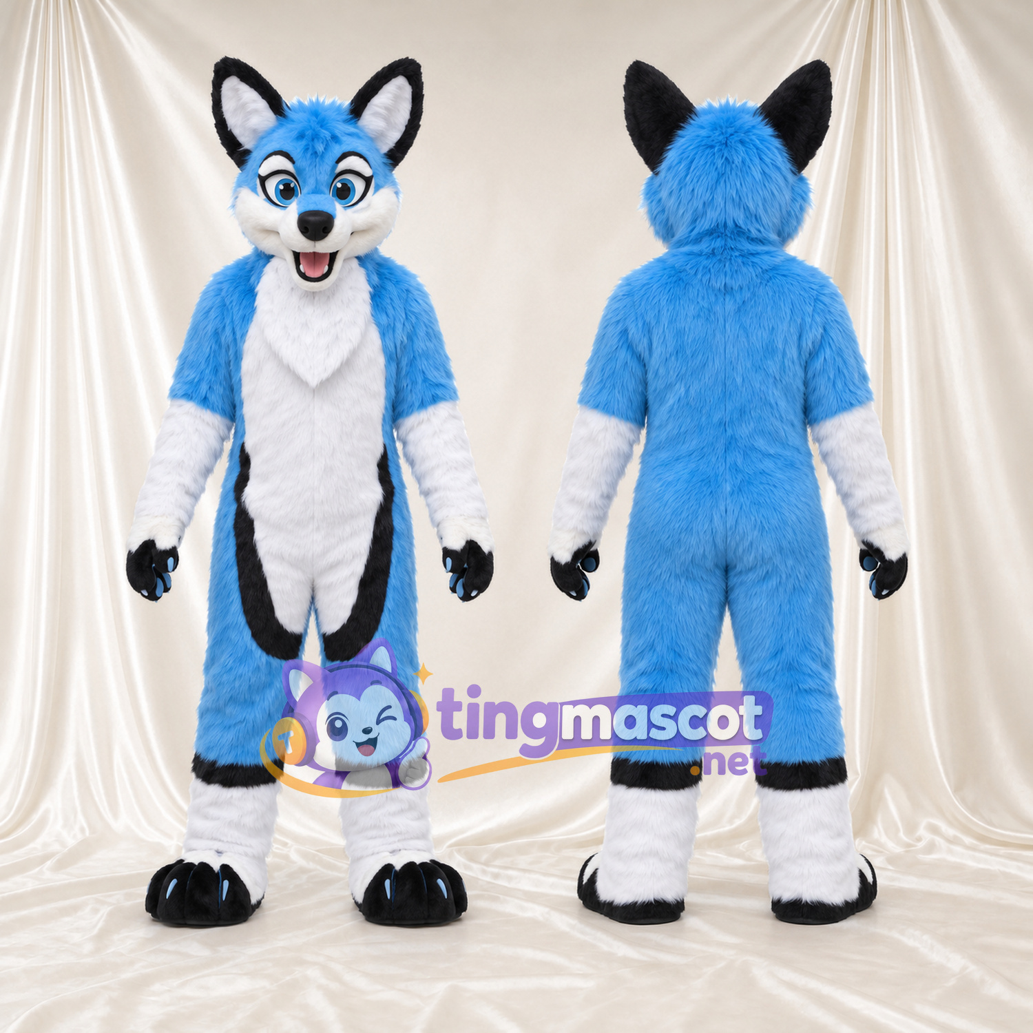 Costume de mascotte Renard – bleu – Torse (blanc); Corps (noir) Costume de mascotte Renard – bleu – Torse (blanc); Corps (noir)