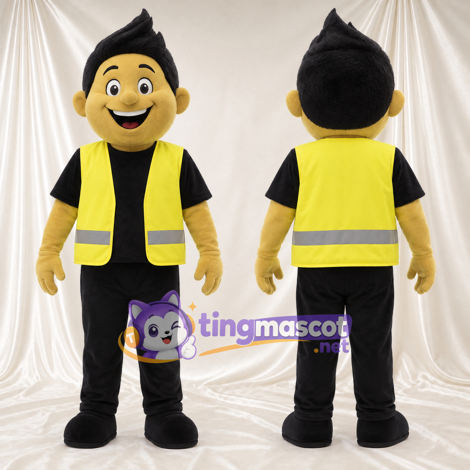 Worker Character Mascot Costume - Yellow Safety Vest and Black Outfit Worker Character Mascot Costume - Yellow Safety Vest and Black Outfit