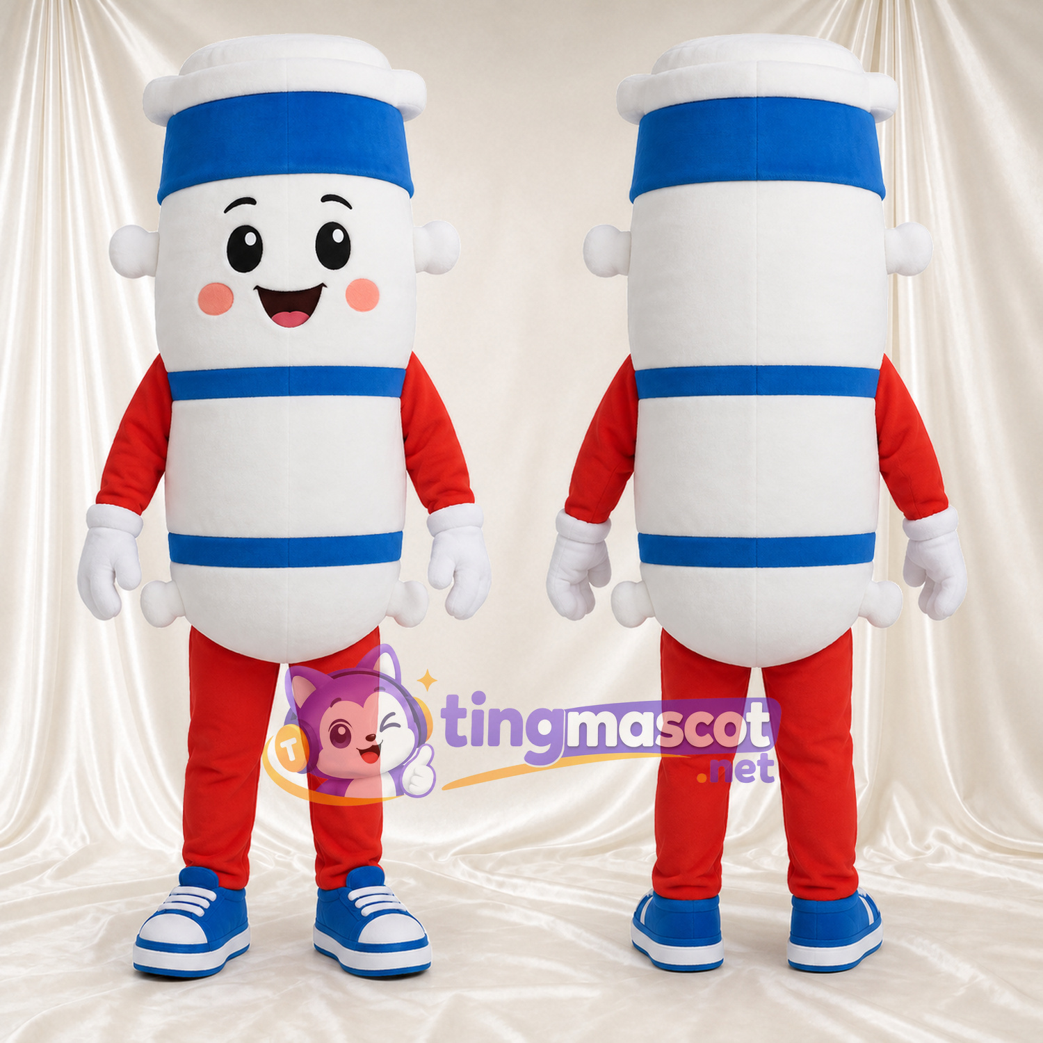 White Tube Character Mascot Costume - Blue Bands and Red Outfit White Tube Character Mascot Costume - Blue Bands and Red Outfit