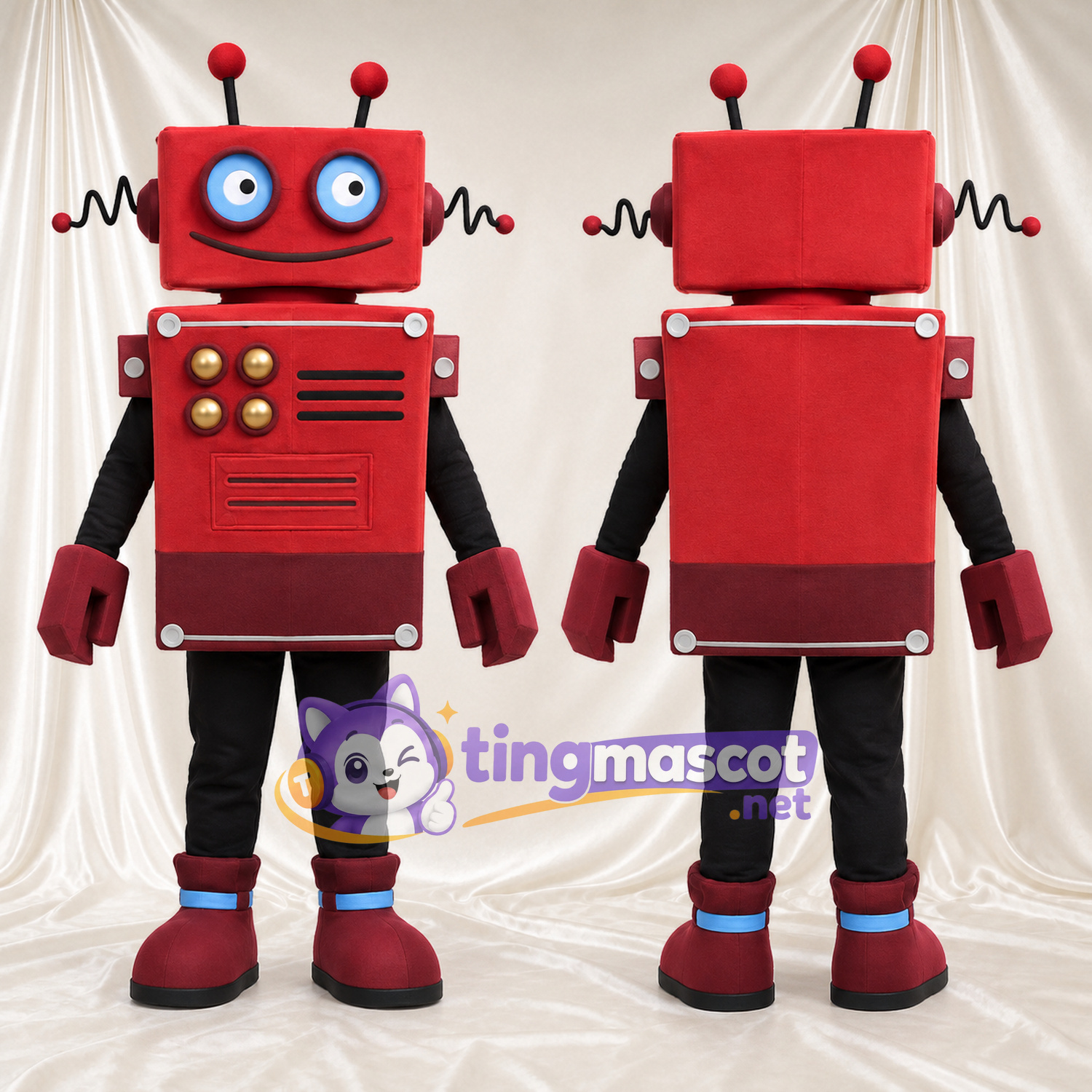 Costume de mascotte Robot – rouge – Tête carrée; Antennes; Boutons (doré)