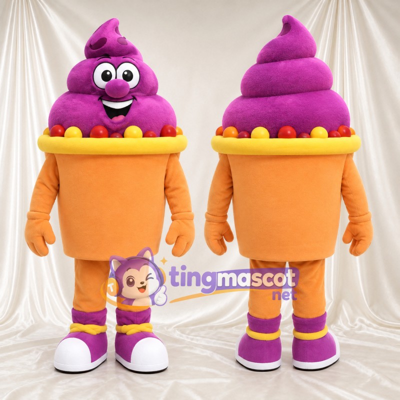 Costume de mascotte Pot de dessert glacé – violet – Garnitures (orange, multicolore)