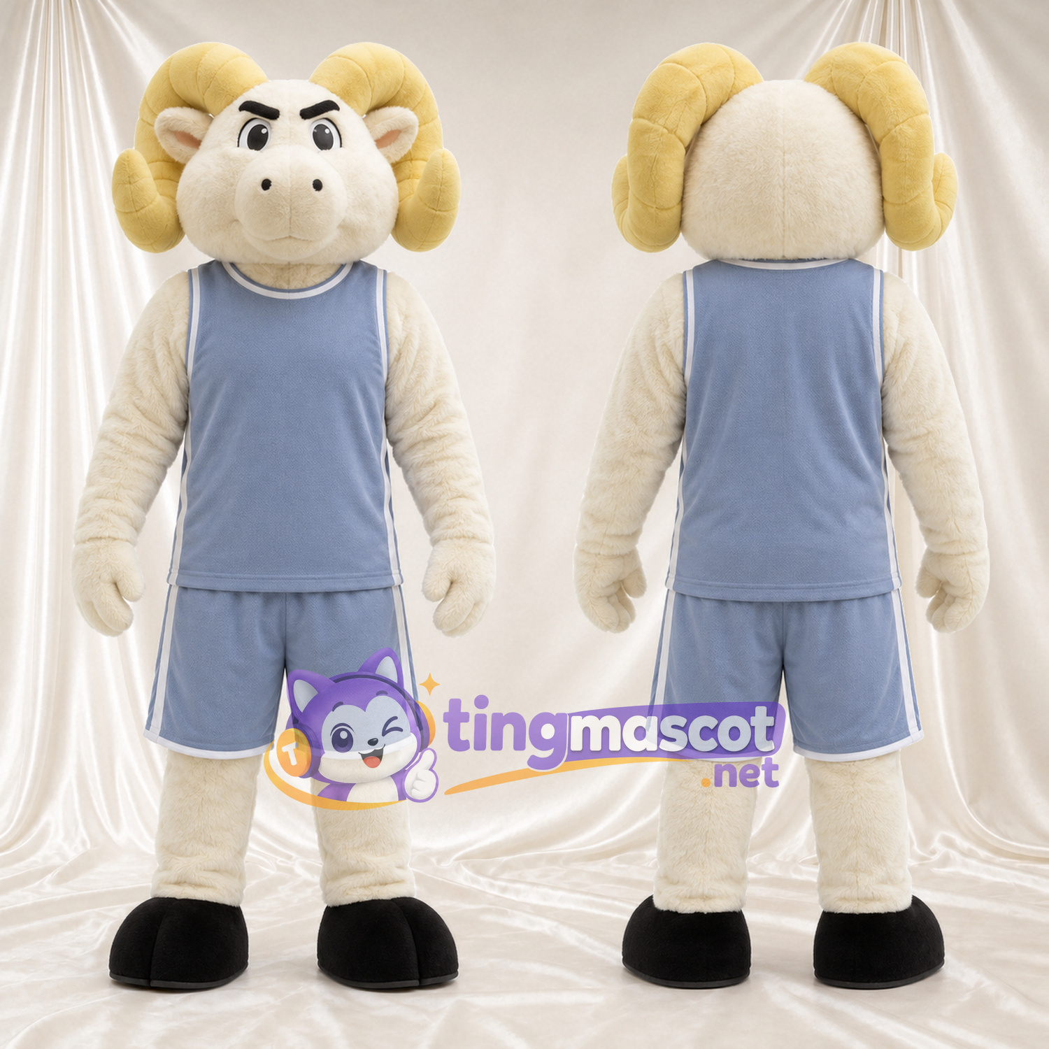 Costume de mascotte Bélier – blanc – Cornes (crème); Tenue de basket (gris) Costume de mascotte Bélier – blanc – Cornes (crème); Tenue de basket (gris)