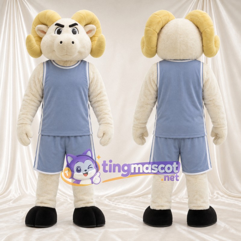 Costume de mascotte Bélier – blanc – Cornes (crème); Tenue de basket (gris)