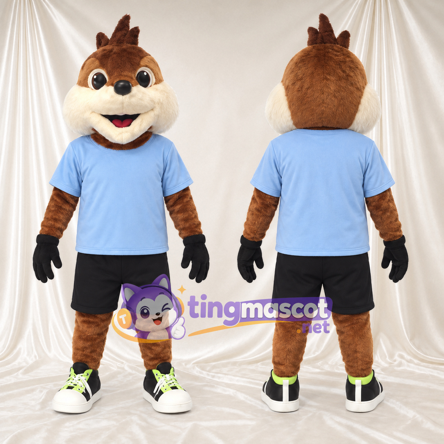 Brown Chipmunk Mascot Costume - Light Blue T-Shirt and Black Shorts Brown Chipmunk Mascot Costume - Light Blue T-Shirt and Black Shorts