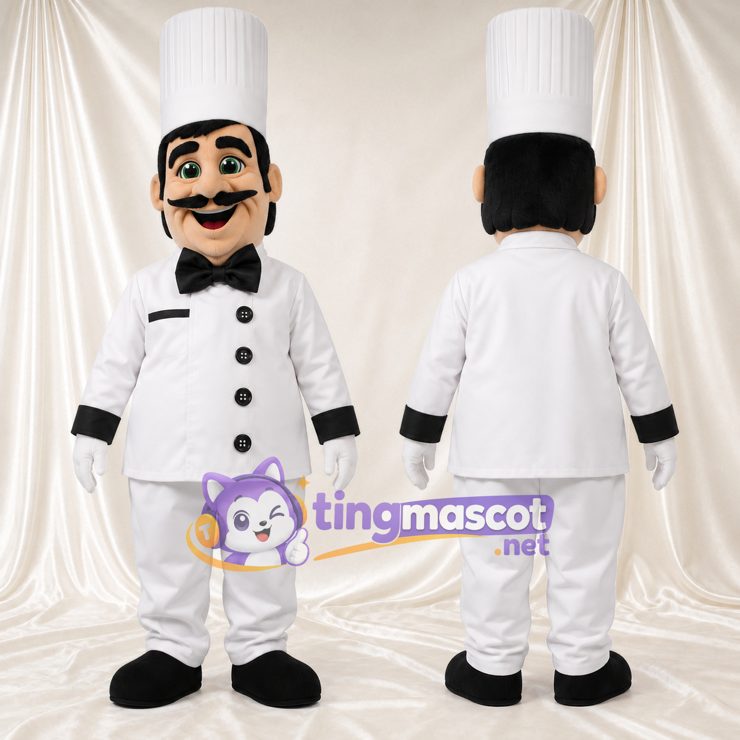 Chef Character Mascot Costume - Tall White Hat and Black Bow Tie Chef Character Mascot Costume - Tall White Hat and Black Bow Tie
