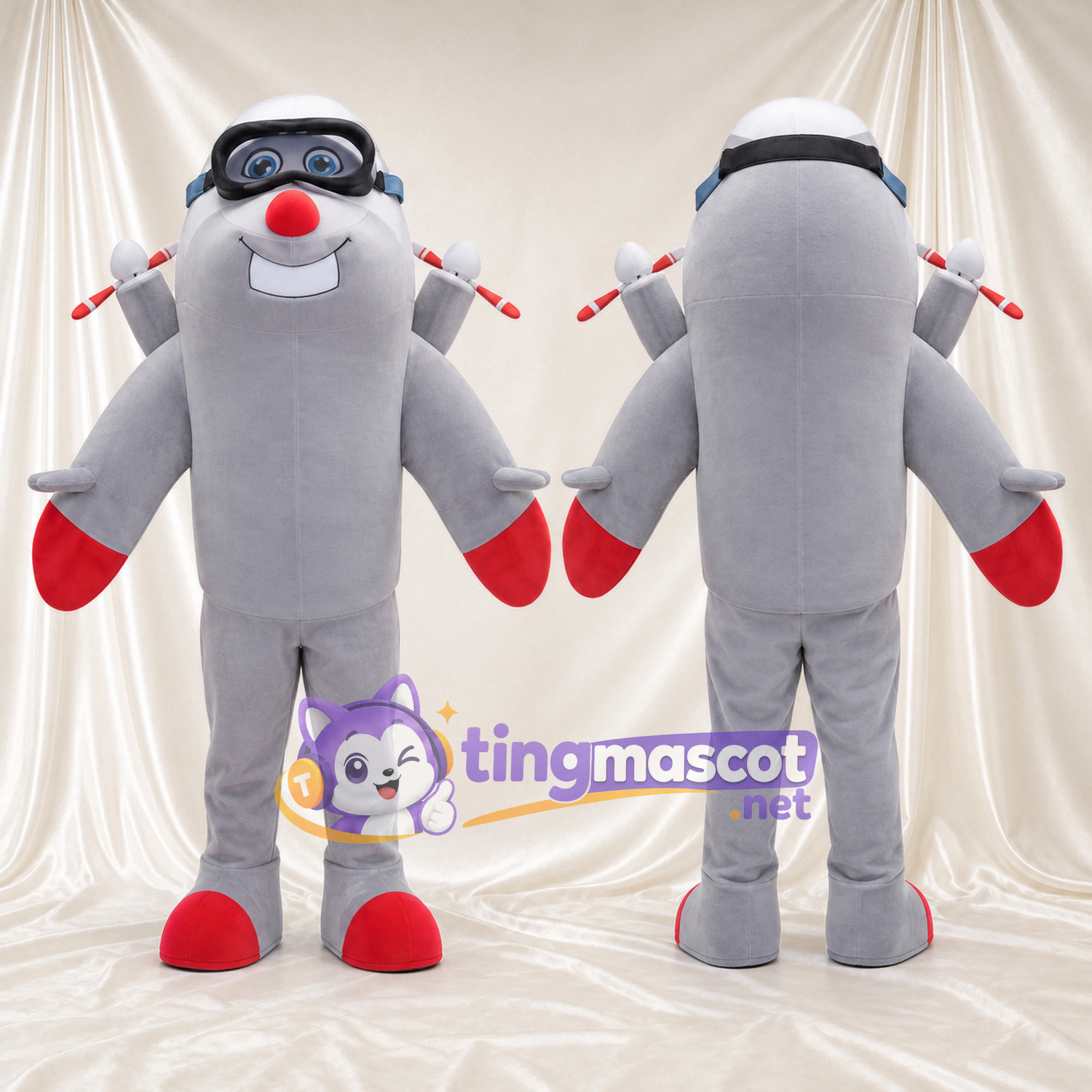 Gray Airplane Character Mascot Costume - Aviator Goggles and Red Nose Gray Airplane Character Mascot Costume - Aviator Goggles and Red Nose