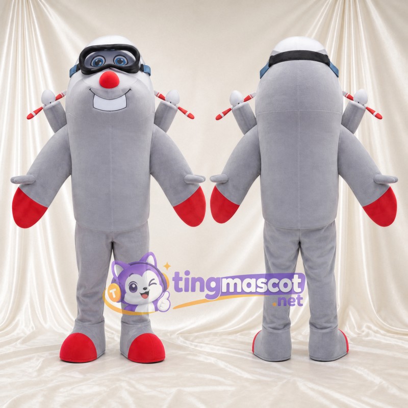 Gray Airplane Character Mascot Costume - Aviator Goggles and Red Nose