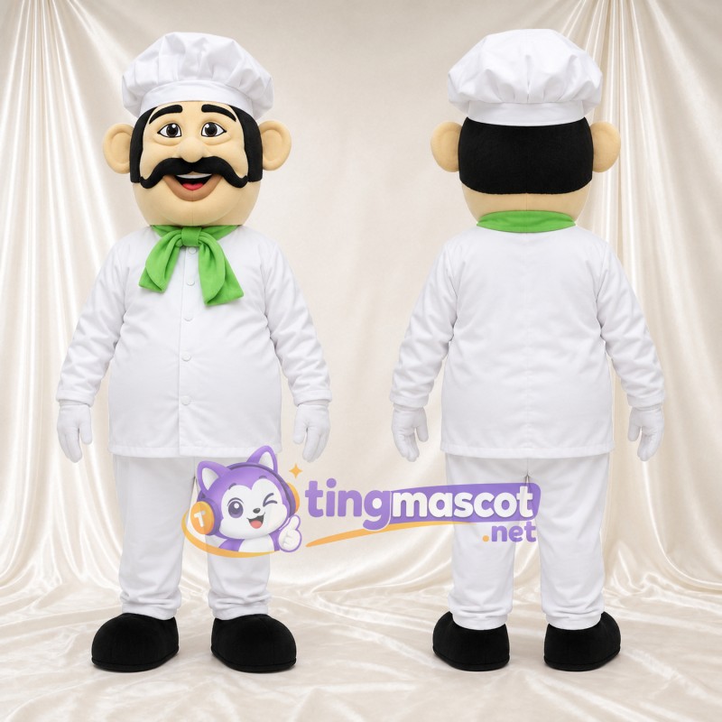Costume de mascotte Chef cuisinier – selon la photo – Uniforme (blanc); Cou (vert); Écharpe