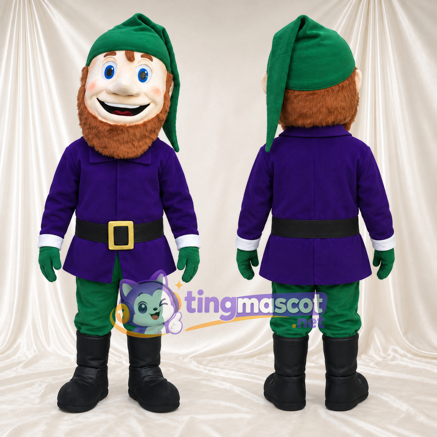 Bearded Elf Mascot Costume - Green Cap and Purple Tunic Bearded Elf Mascot Costume - Green Cap and Purple Tunic