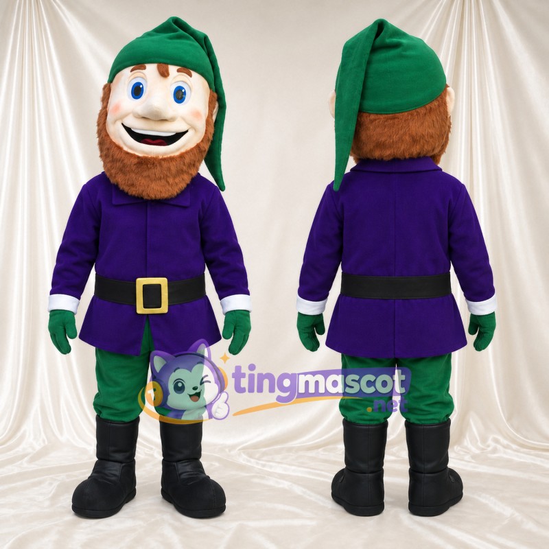 Bearded Elf Mascot Costume - Green Cap and Purple Tunic