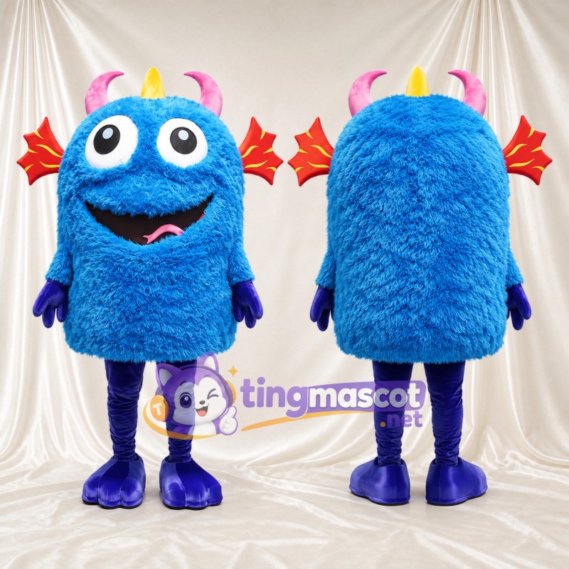 Costume de mascotte Monstre – bleu – Oreilles (rose); Corne (jaune); Jambes (violet)