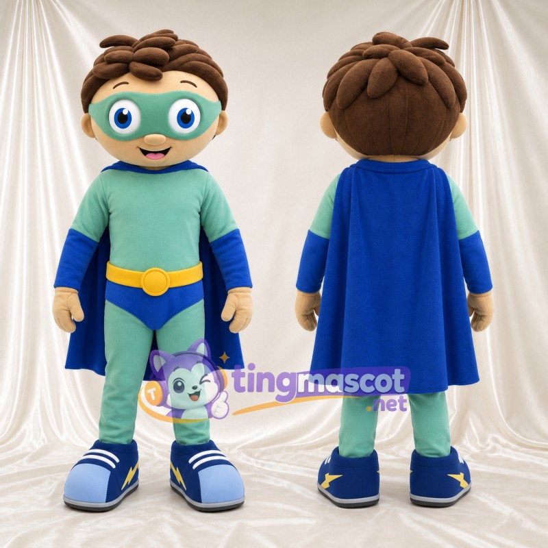 Boy Superhero Mascot Costume - Mint Suit and Blue Cape