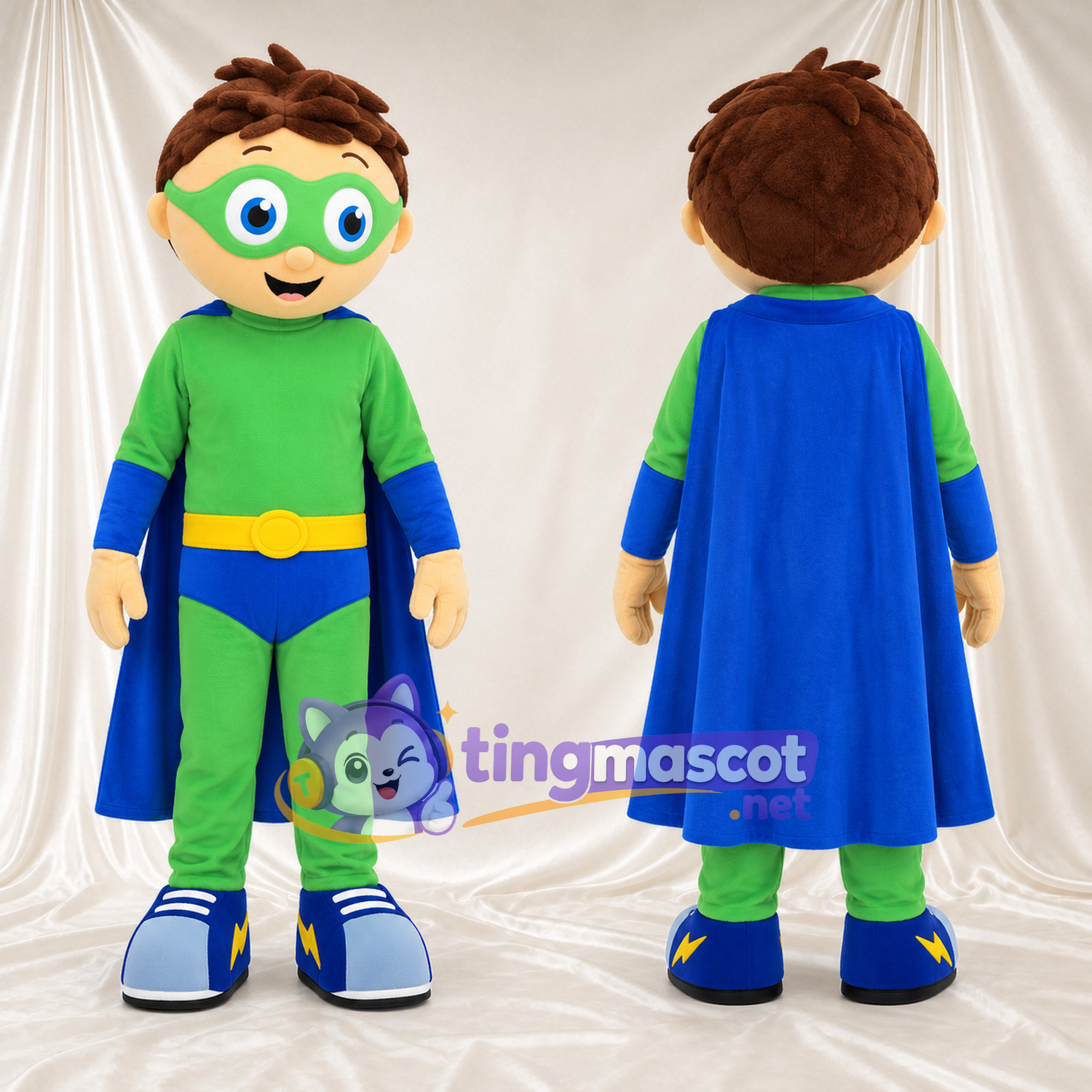 Boy Superhero Mascot Costume - Bright Green Suit and Blue Cape Boy Superhero Mascot Costume - Bright Green Suit and Blue Cape
