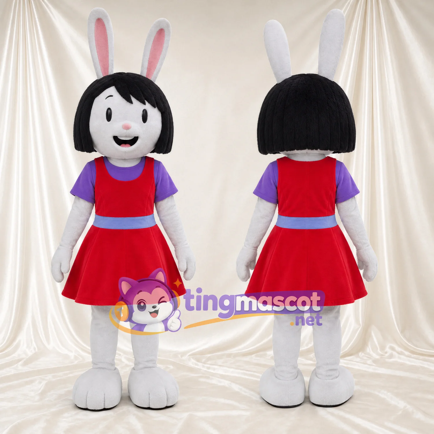 White Rabbit Girl Mascot Costume - Black Bob Hair and Red Dress | TM ...