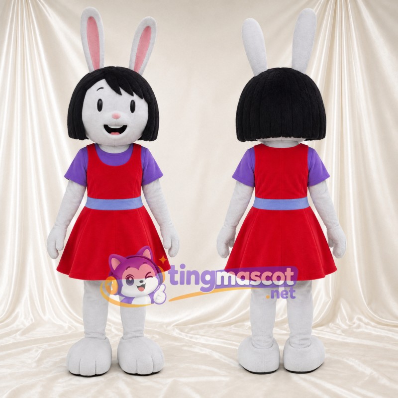 Costume de mascotte Lapin – blanc – Cheveux (noir); Robe (rouge)