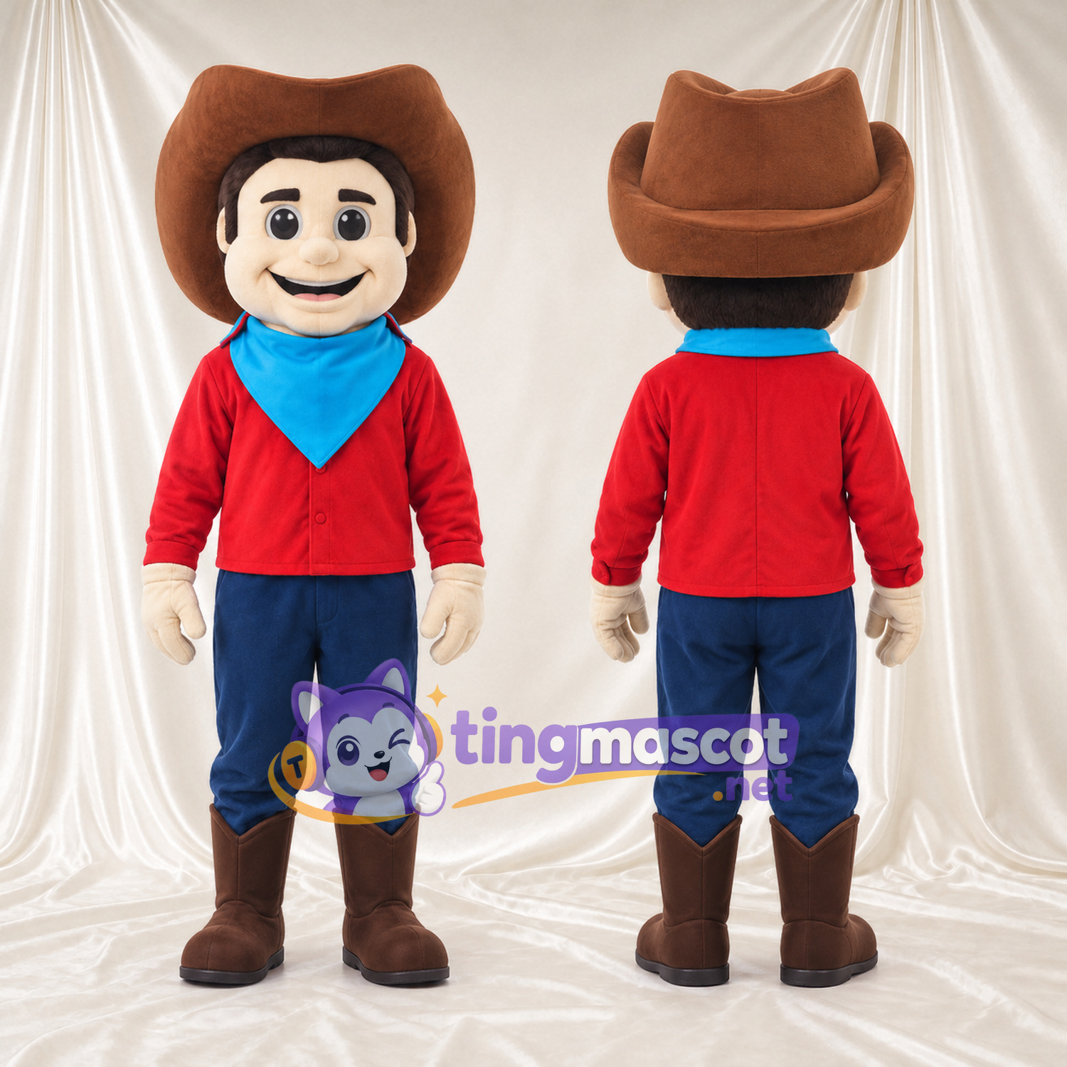 Maskottchenkostüm Cowboy-Junge – wie abgebildet – Hemd (rot); Hose (blau); Stiefel (braun) Maskottchenkostüm Cowboy-Junge – wie abgebildet – Hemd (rot); Hose (blau); Stiefel (braun)