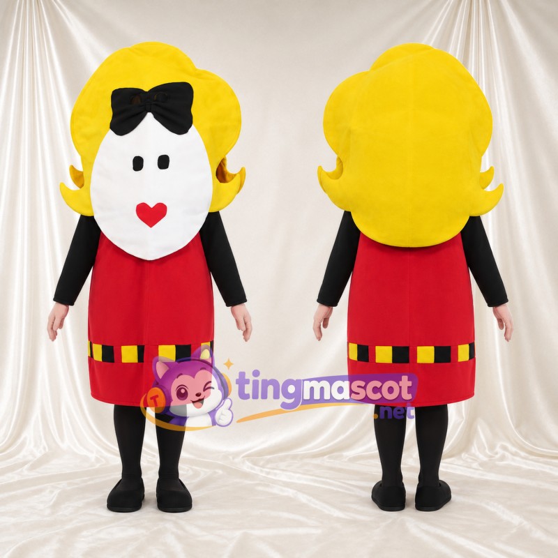 Costume de mascotte Personnage féminin – selon la photo – Nœud dans les cheveux (noir); Robe (rouge)