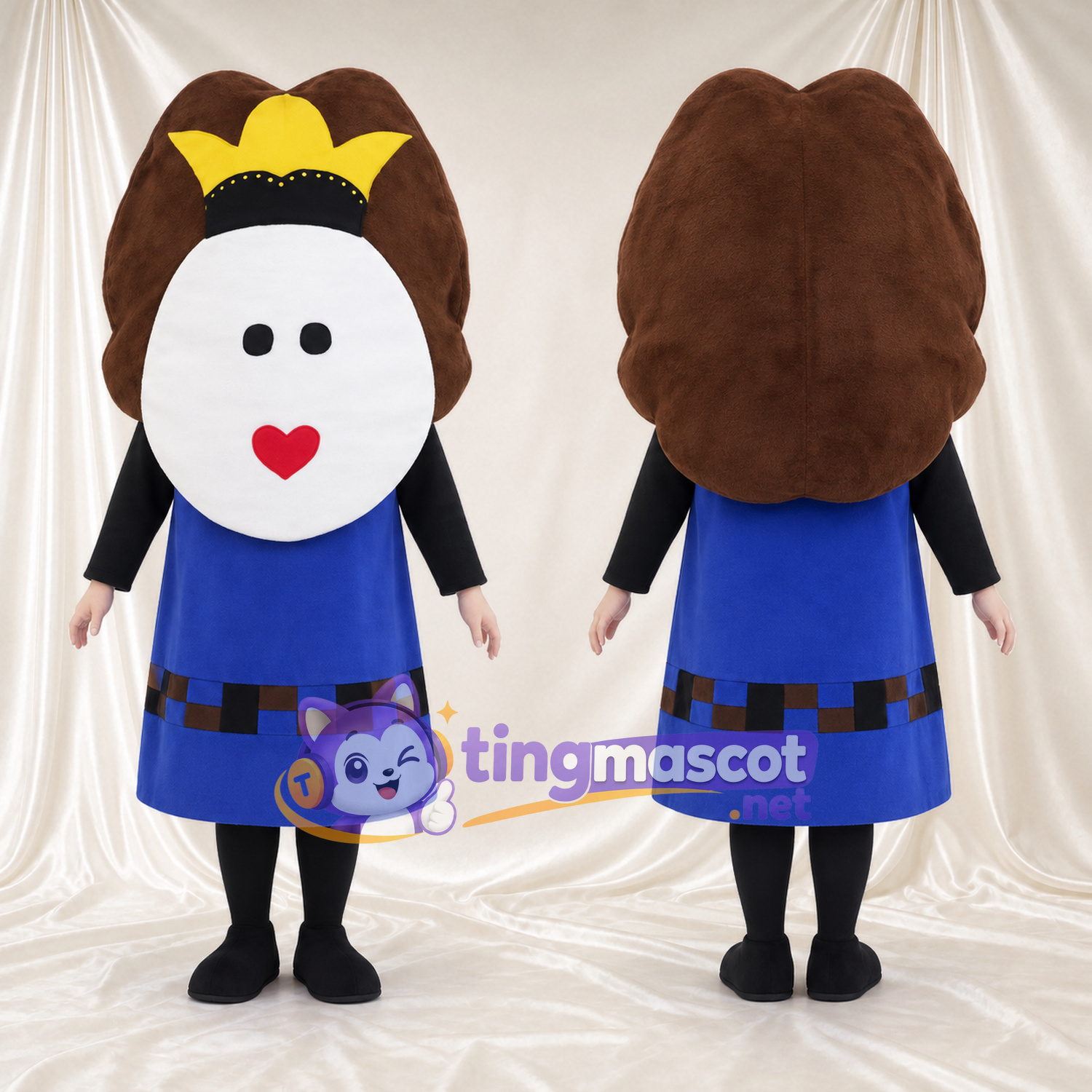 Costume de mascotte Personnage féminin – selon la photo – Nœud dans les cheveux (jaune); Robe (bleu)