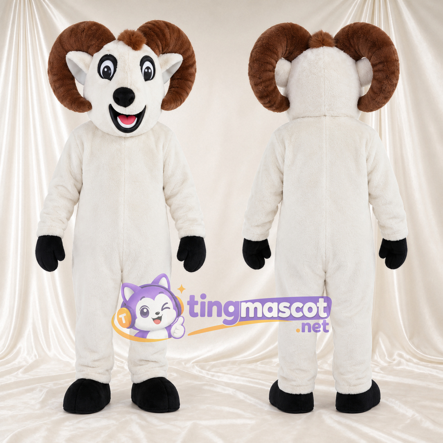 Costume de mascotte Bélier – blanc – Cornes (grand, marron); Sabots (noir) Costume de mascotte Bélier – blanc – Cornes (grand, marron); Sabots (noir)