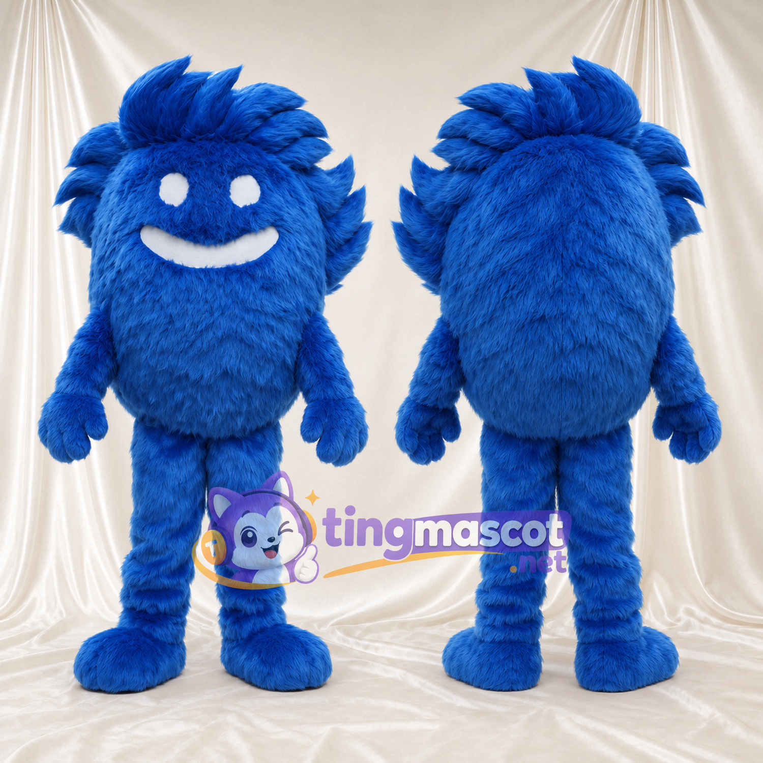 Blue Furry Monster Mascot Costume - White Smile and Swept Fur Crown Blue Furry Monster Mascot Costume - White Smile and Swept Fur Crown
