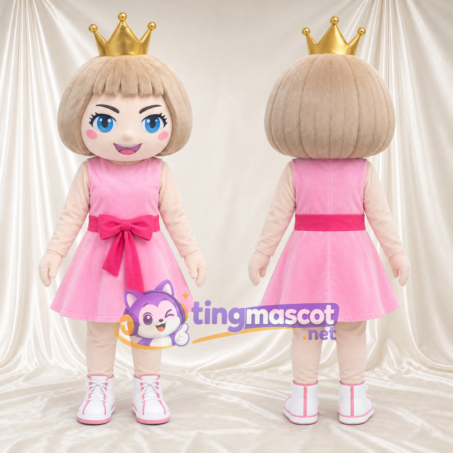 Princess Girl Mascot Costume - Gold Crown and Pink Bow Dress Princess Girl Mascot Costume - Gold Crown and Pink Bow Dress