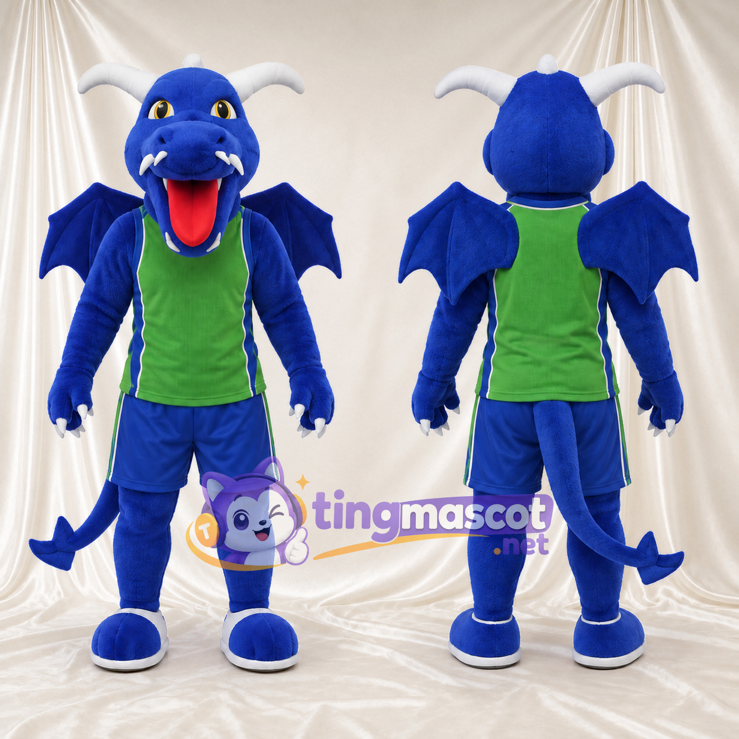 Blue Dragon Mascot Costume - Green Sports Vest and Blue Shorts Blue Dragon Mascot Costume - Green Sports Vest and Blue Shorts
